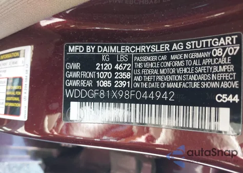 2008 Mercedes-Benz C 300 Luxury 4Matic/Sport 4Matic z USA, uszkodzony, nr VIN WDDGF81X98F044942